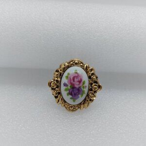 Vintage Gold Tone Necklace 1" Pendant Pink & Purple Roses